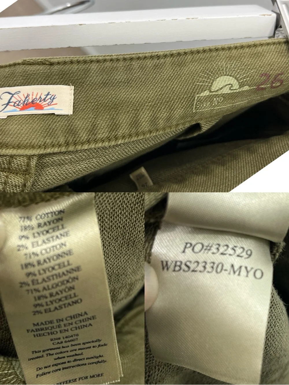 FAHERTY Stretch Terry Patch Pocket Pants Forest Olive size 26